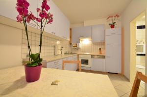 a kitchen with a table with a vase with flowers on it at AJO Apartments - Alte Donau Garden Flat - Self-Check-in in Vienna +4 photos