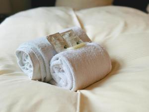 a pile of towels sitting on top of a bed at Hotel an der Rennbahn in Dresden