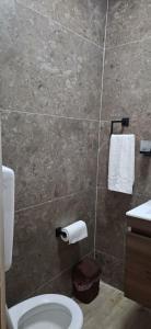 a bathroom with a toilet and a tiled wall at Grand Albi Apartament in Gjakove