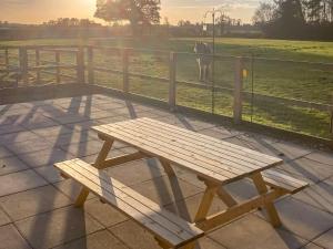a wooden bench sitting next to a fence with a horse at Ivy Grange Cottage in Wistow +17 photos