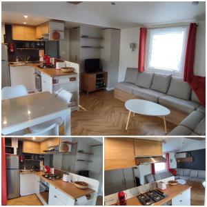 a kitchen and a living room with a couch and a table at Camping SIBLU Domaine de Kerlann in Pont-Aven