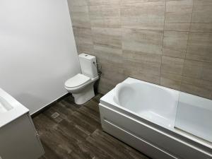 a bathroom with a toilet and a bath tub at Villa59 in Preajba