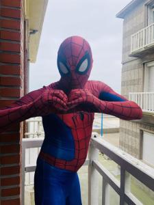 a spider man costume is standing on a balcony at Le repaire des héros 150m plage parking privé - lesvoyagescolorés in Saint-Valéry-en-Caux