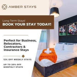 a poster of a bedroom with a bed with an orange blanket at Spacious 4 Bed House in Birmingham City Centre, Ideal for long term with Free Parking in Birmingham