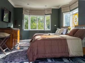 ein Schlafzimmer mit grünen Wänden, einem Bett und Fenstern in der Unterkunft Chateau de Luxi Khao Yai - ชาโตว์ เดอ ลูซี่ เขาใหญ่ in Mu Si + 79 Fotos