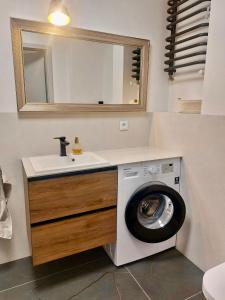 a bathroom with a washing machine and a sink at Apartamenty Czarna Góra 31 in Sienna