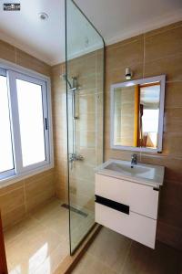 卢克索Embrace 2 Nile Sailing Dahabiya -Luxor- Aswan- 4 Nights的浴室配有洗手池和玻璃淋浴房