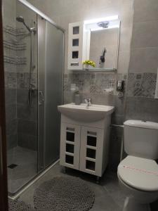 a bathroom with a toilet and a sink and a shower at Апартамент Славяна in Velingrad +46 photos