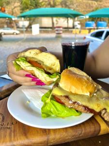 a sandwich on a plate on a table with a drink at Pousada Catavento in Piraí +21 photos