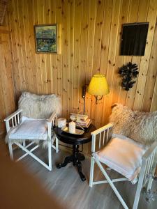 Habitación con mesa, 2 sillas y lámpara. en Perfect Base Near Beach And Shops, en Bøtø By