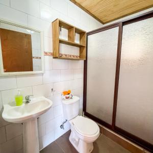 een badkamer met toilet en wastafel bij Cabañas Rimü - Cabaña para 6 personas in Futrono