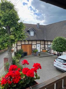 ein Haus mit roten Blumen davor in der Unterkunft BelEtage Eifel in Anschau