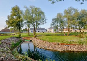 a river in a yard with trees and houses at Folwark Matecznik - Spichlerz in Sedzinko