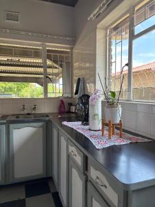 a kitchen with a sink and a counter with flowers on it at 33 Boeren in Vryheid