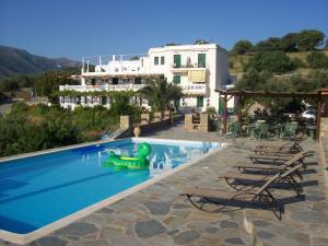 a swimming pool with a green inflatable frog in front of a building at Vassiliki Studios in Andros