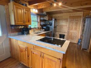 a kitchen with wooden cabinets and a stove top oven at Private Cabin with Wi-Fi Nestled in the Mountains of Hiawassee, Georgia in Mountain Scene