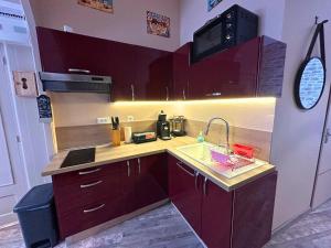 a kitchen with purple cabinets and a sink and a microwave at A l'abri des vagues in Cayeux-sur-Mer