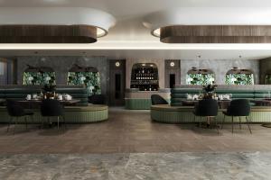 een weergave van een restaurant met tafels en stoelen bij Le Méridien Toronto Pinnacle Hotel in Toronto