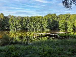 Un muelle en un lago con árboles al fondo. en ibis Egletons, en Égletons