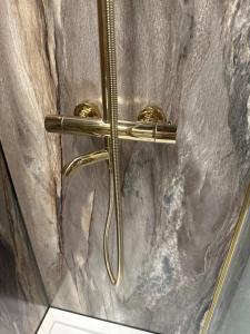 een douche met een messing handgreep op een marmeren muur bij Lukrecja HouseBoat in Wrocław