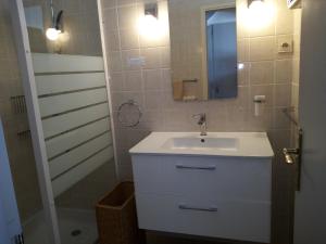 une salle de bain avec un lavabo, un miroir et une douche dans l'établissement Maison Gwel Kaer, à Perros-Guirec