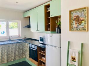 a kitchen with green cabinets and a white refrigerator at AdaBibas in Vermelho
