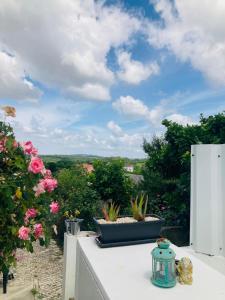 Blick vom Balkon auf rosa Blumen und den Himmel in der Unterkunft AdaBibas in Vermelho