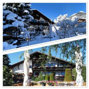 two pictures of a building with snow on it at Haus Alpenglühen in Ehrwald