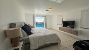 a bedroom with a bed and a flat screen tv at Family Beach House with an Amazing Ocean View in Naguabo