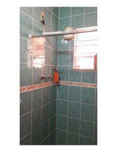 uma casa de banho com azulejos verdes e um chuveiro com em Hostel Jandira no Rio de Janeiro
