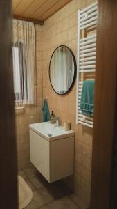 een badkamer met een wastafel en een spiegel bij Ferienwohnungen Bullau in Erbach