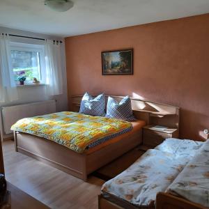 une chambre avec deux lits et une fenêtre dans l'établissement Ferienwohnung Heidi, à Bielatal