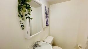 een badkamer met een toilet, een wastafel en een spiegel bij Steps to Kendall, MIT, Green Line in Cambridge