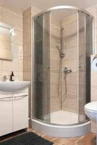 een badkamer met douche en wastafel bij Pension 11 Apartments by Lorenc in Berlijn