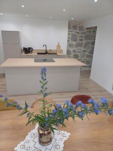 a kitchen with a counter and a table with blue flowers at La belle cachée in Sévérac d' Aveyron