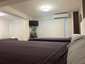 a room with two beds and a projection screen at Hotel Miramar - La Paz in La Paz