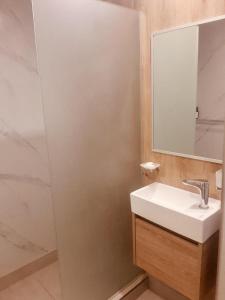a bathroom with a sink and a mirror at Hotel Avenida del Mar in Mar del Plata