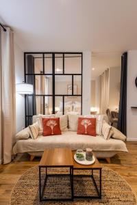 un salon avec un canapé et une table dans l'établissement L'Occitane - Grand Studio Chaleureux en Hyper centre, à Castres 35 autres photos