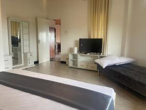 a bedroom with a bed and a flat screen tv at Peak Lodge in Kandy