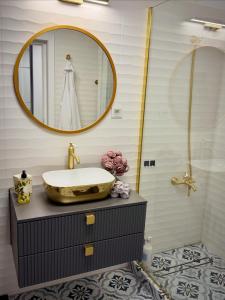 un bagno con lavandino e specchio di Boutique Apartment 2 a Ploieşti