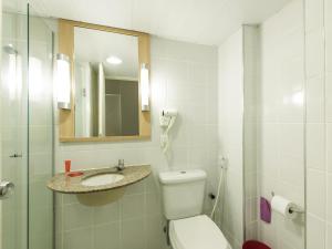 ibis Fortaleza Praia de Iracema في فورتاليزا: حمام مزود بمرحاض ومغسلة ومرآة +105 صور