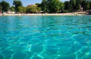 una gran masa de agua con una playa en el fondo en Kleines Apartment Emil Vanily, en Murter