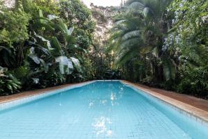 a swimming pool in a jungle with palm trees at Pool House Studio by YourHost Karen Nairobi in Nairobi