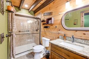 ein Badezimmer mit Toilette, Dusche und Waschbecken in der Unterkunft Cozy Couples Getaway with Hot Tub Fox Ridge Cabin in Whittier + 29 Fotos