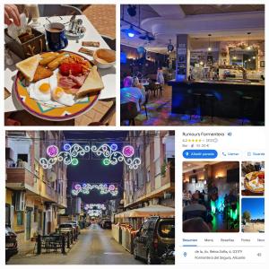 a collage of photos of a restaurant with a plate of food at Piso Romántico con piscina in Formentera de Segura