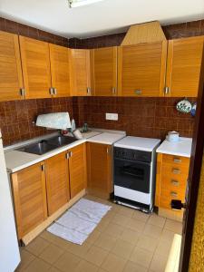 a small kitchen with wooden cabinets and a sink at Arenal-Inalko in Alcossebre