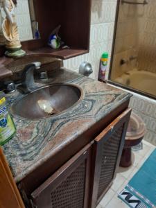 eine Badezimmerablage mit Waschbecken und Spiegel in der Unterkunft Oasis do Leme in Rio de Janeiro