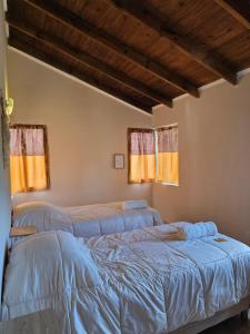 Dos camas en una habitación con techos de madera. en Timotea, en Perito Moreno