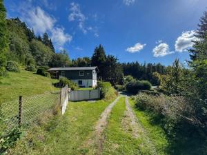 une maison sur une colline avec une clôture et un chemin de terre dans l'établissement Am Arnsberg, à Unterschönau