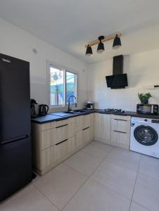 a kitchen with a black refrigerator and a dishwasher at Le jamerosas in Le Tampon